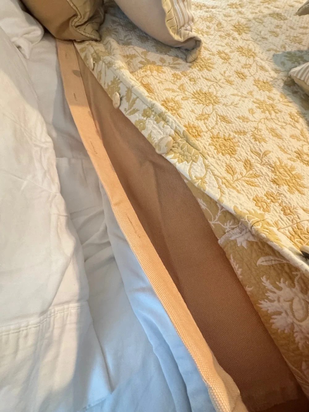 Ethan Allen Cream and Gold Floral Quilted Duvet Cover, Throw Pillows & Bedskirt